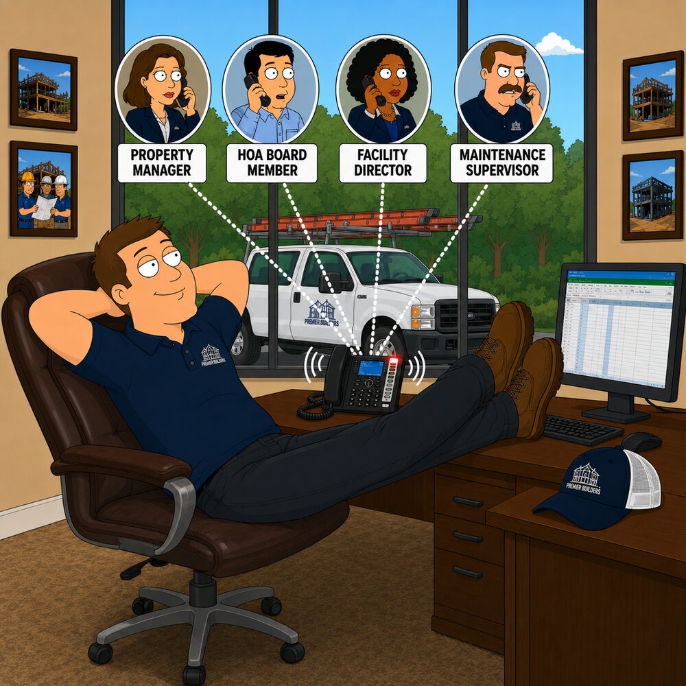 A home service business owner relaxing at his desk while property managers and HOA board members line up to call him.